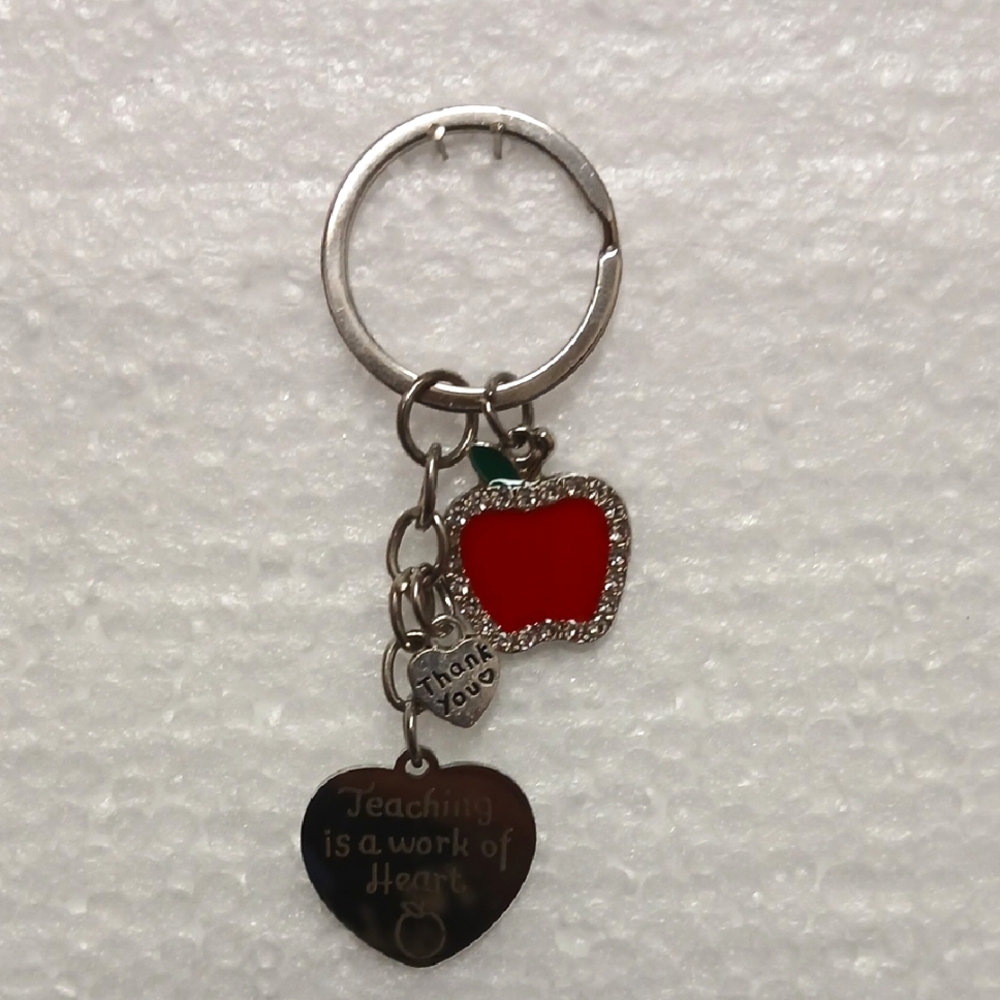 TEACHER Red Apple and Heart Keychain/Bag Charm NWT Silver